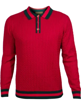 Prestige men's red polo sweater long sleeve green and red trim