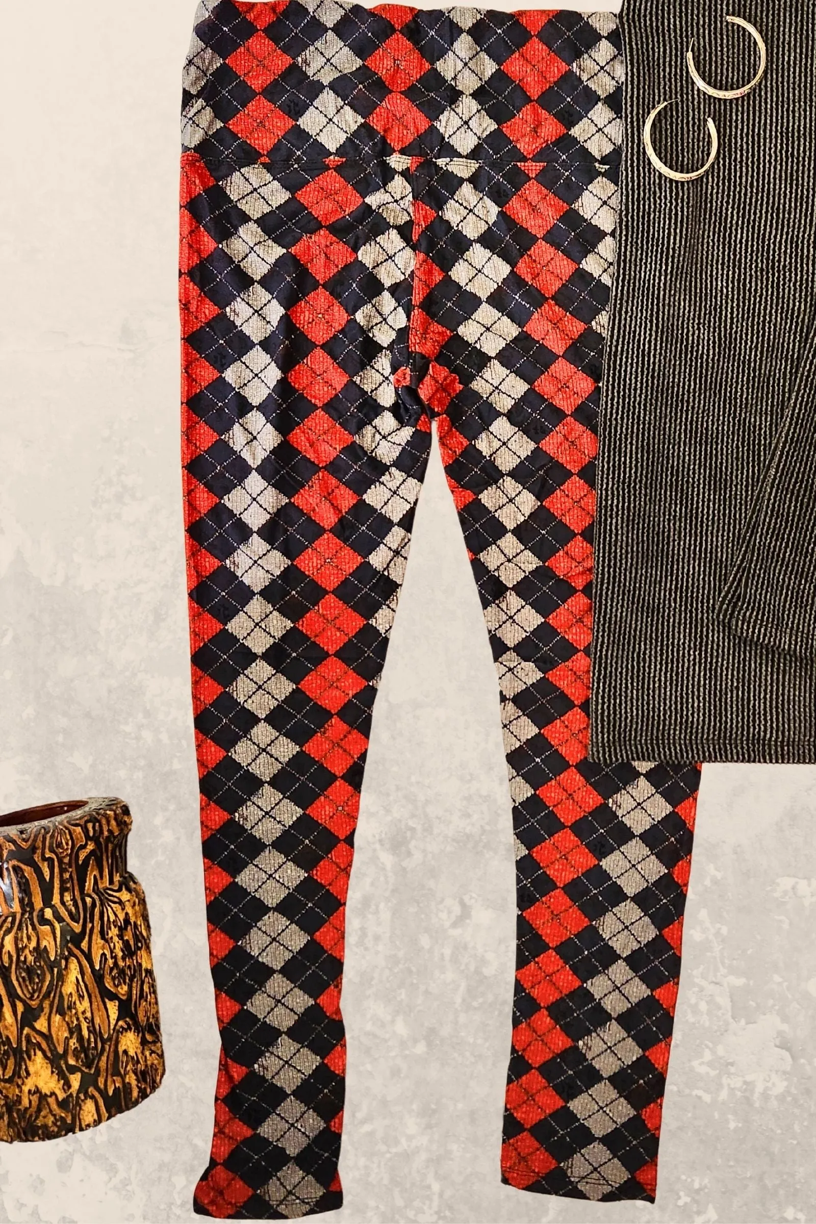 Red & Gray Argyle Yoga Leggings