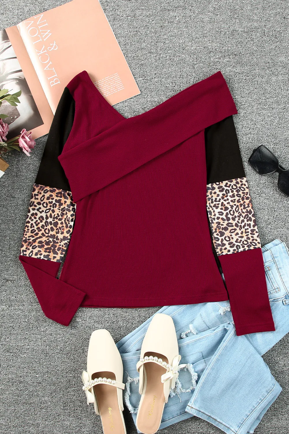 Red Leopard Color Block Ribbed Cross Wrap Top