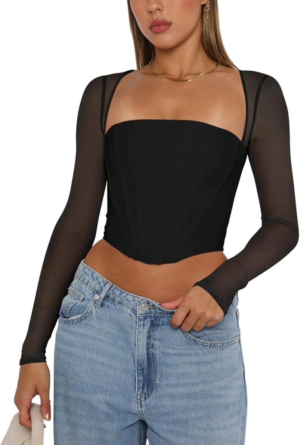 Refined Mesh Boned Corset Crop Top