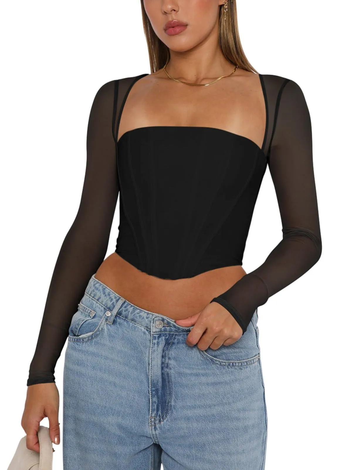 Refined Mesh Boned Corset Crop Top