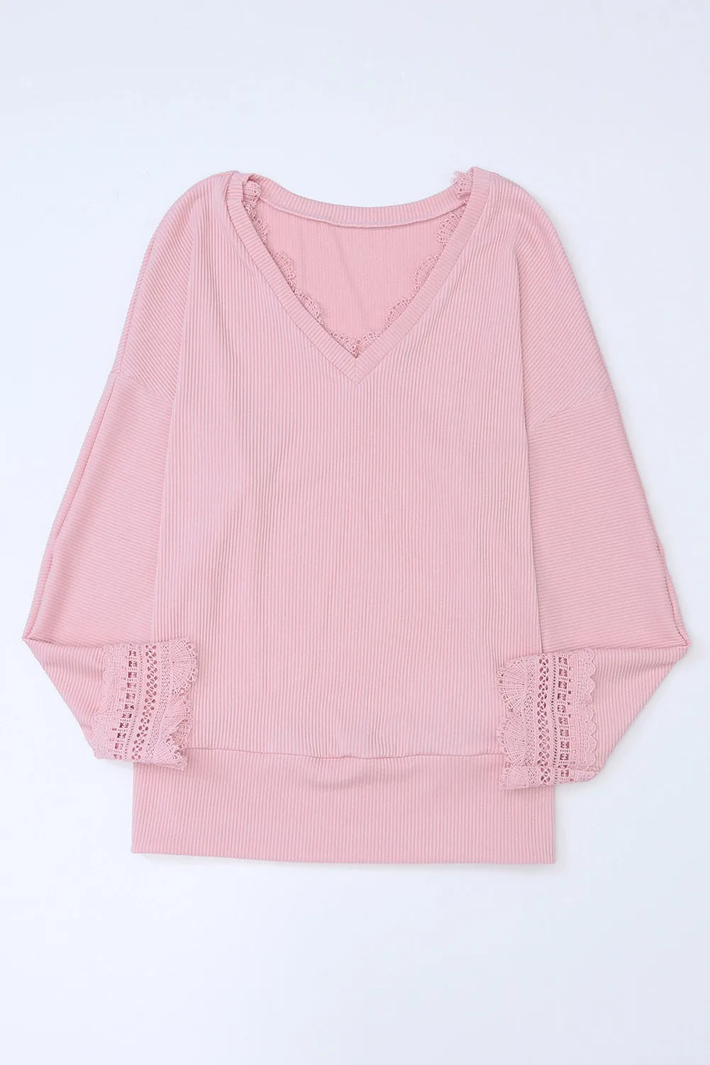 Ribbed Texture Lace Trim V Neck Long Sleeve Top