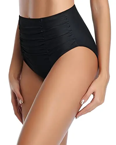 Ruched High Waisted Bikini Bottom Tummy Control Swim Bottom-Black