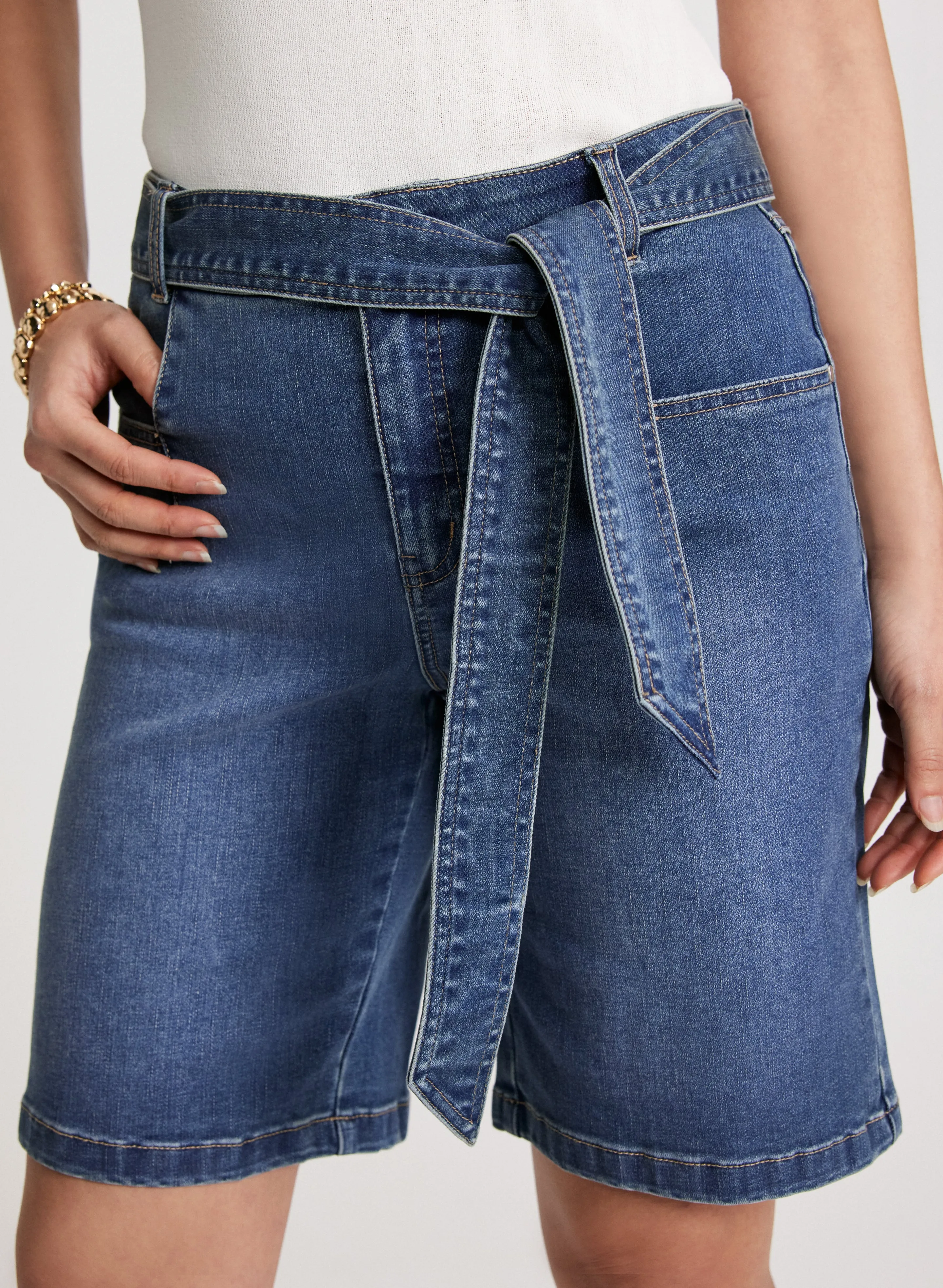 Self-Tie Belted Denim Shorts