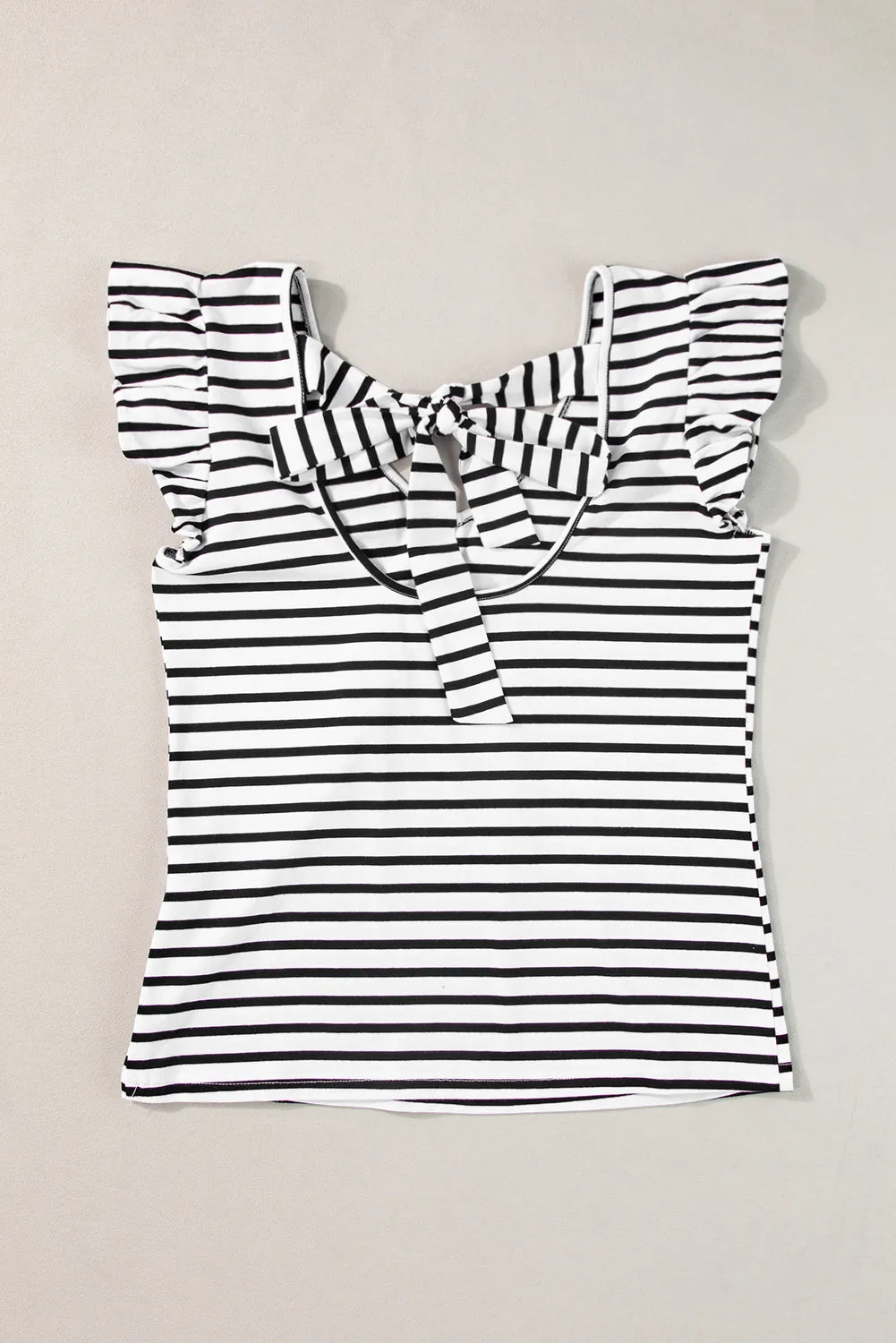 Stripe Butterfly Sleeve V Neck Hollowed Knot Back T Shirt