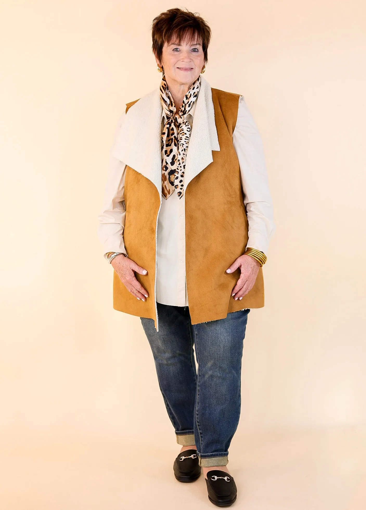 Stylish Vision Faux Buckskin Vest with Sherpa Lining