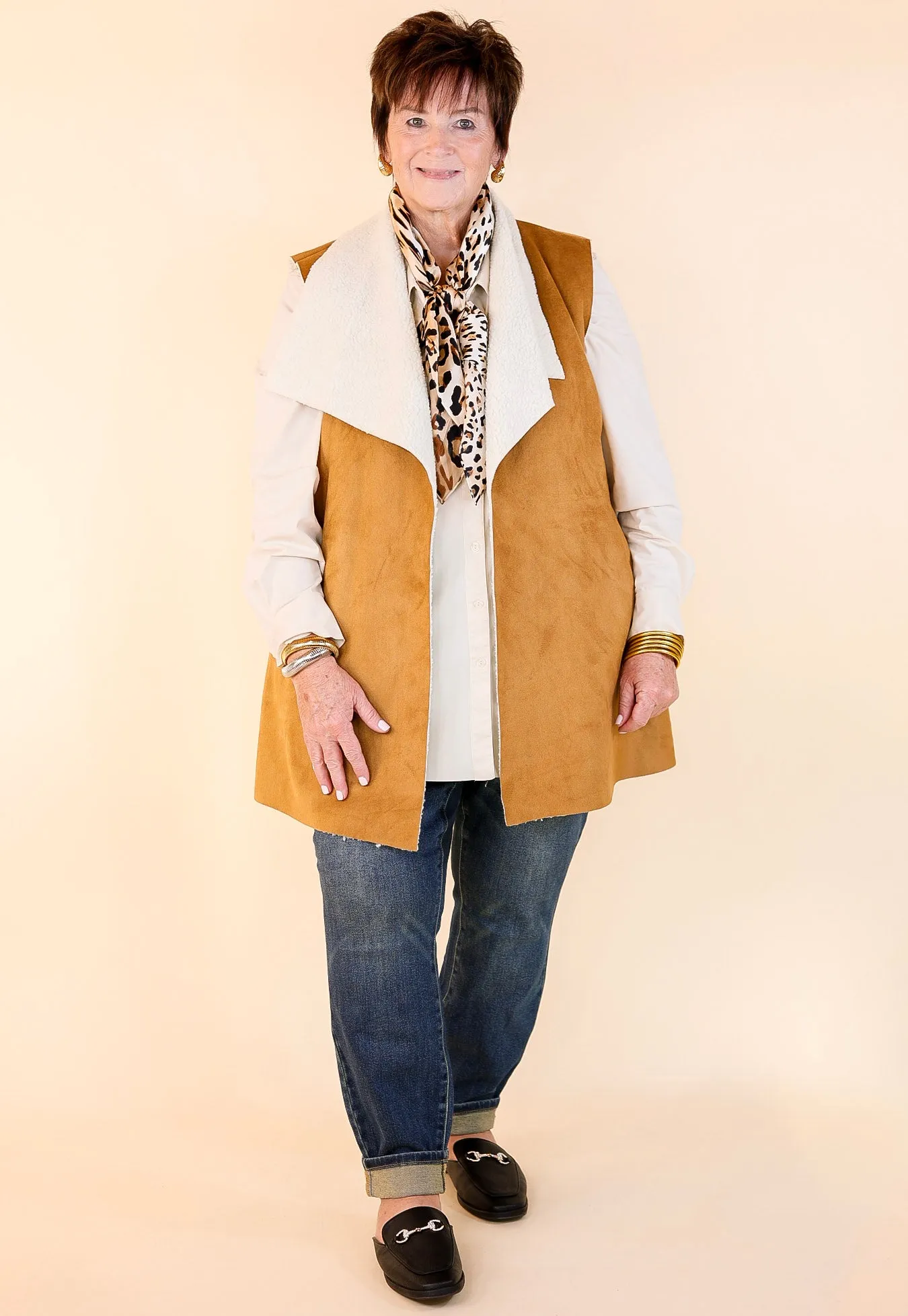 Stylish Vision Faux Buckskin Vest with Sherpa Lining