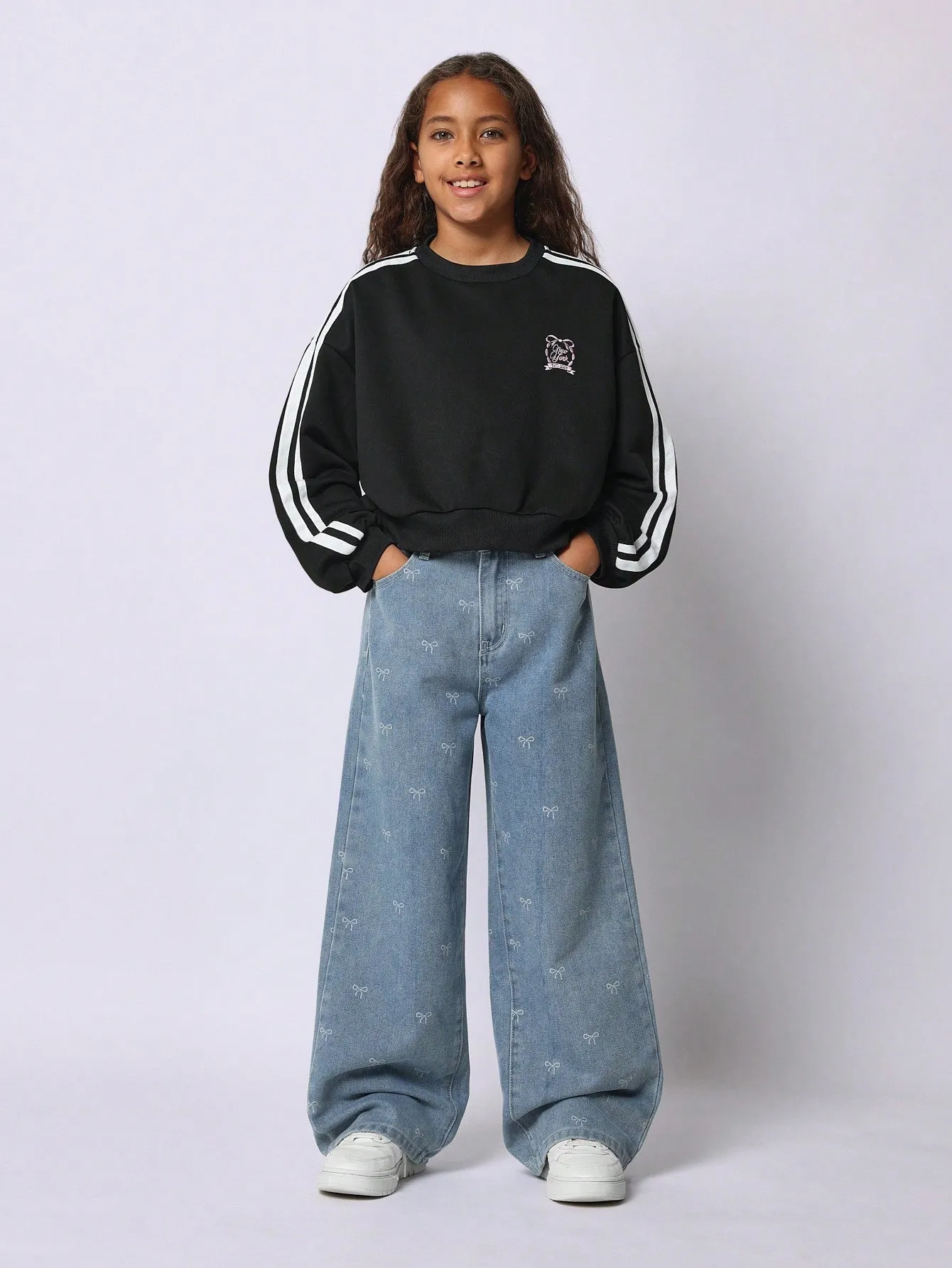 Tween Girls Comfy Wide Fit Bow Print Jean