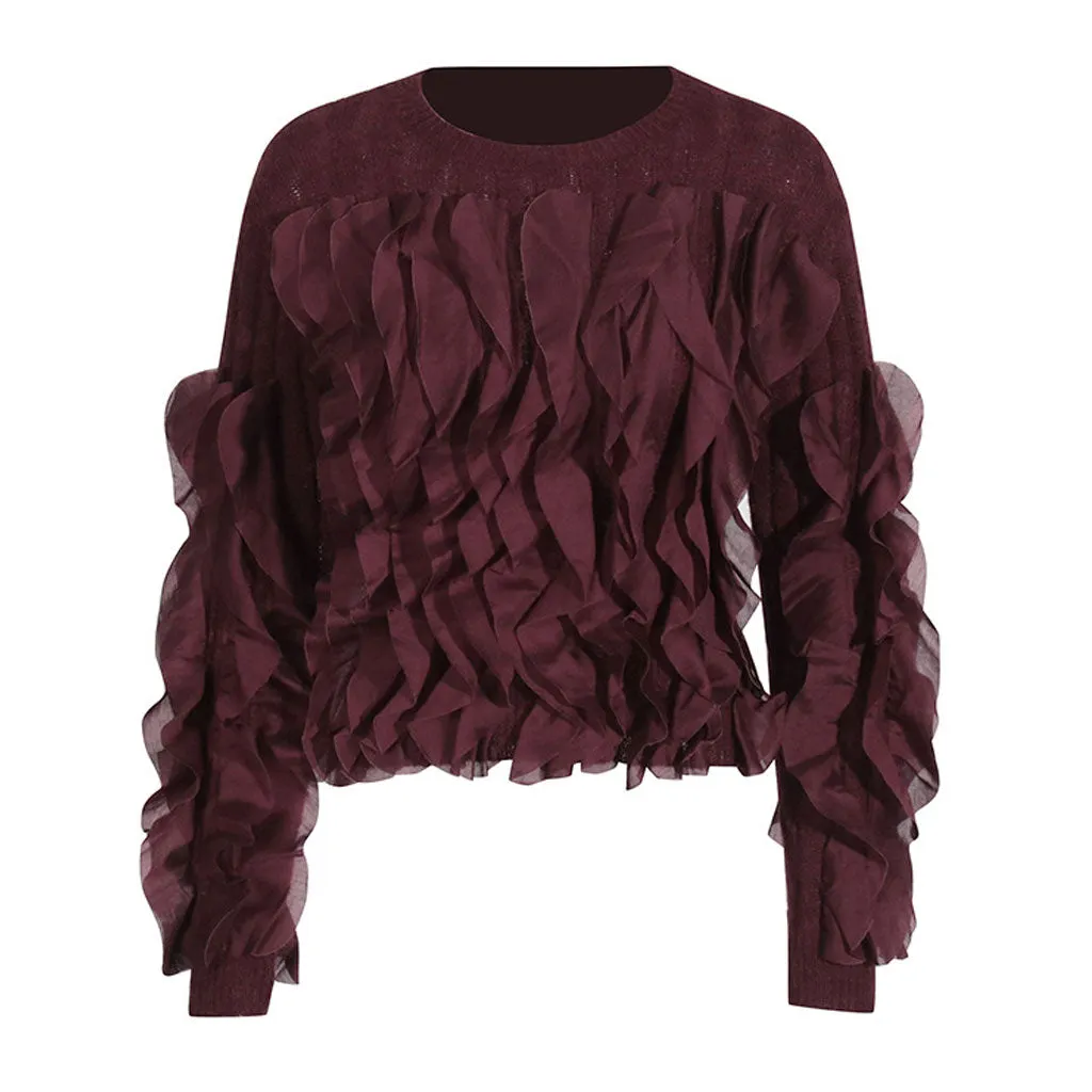 Versatile Crew Neck Layered Ruffle Long Sleeve Chunky Ribbed Knit Sweater