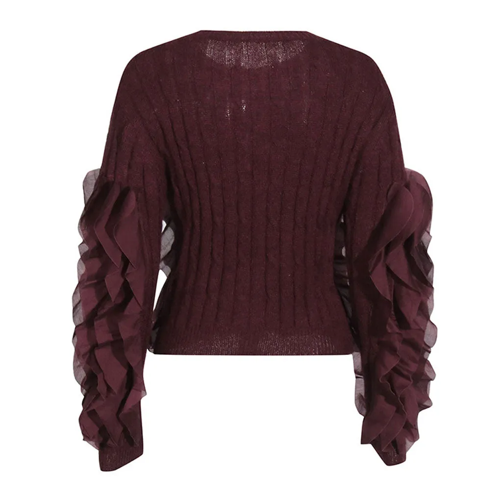 Versatile Crew Neck Layered Ruffle Long Sleeve Chunky Ribbed Knit Sweater