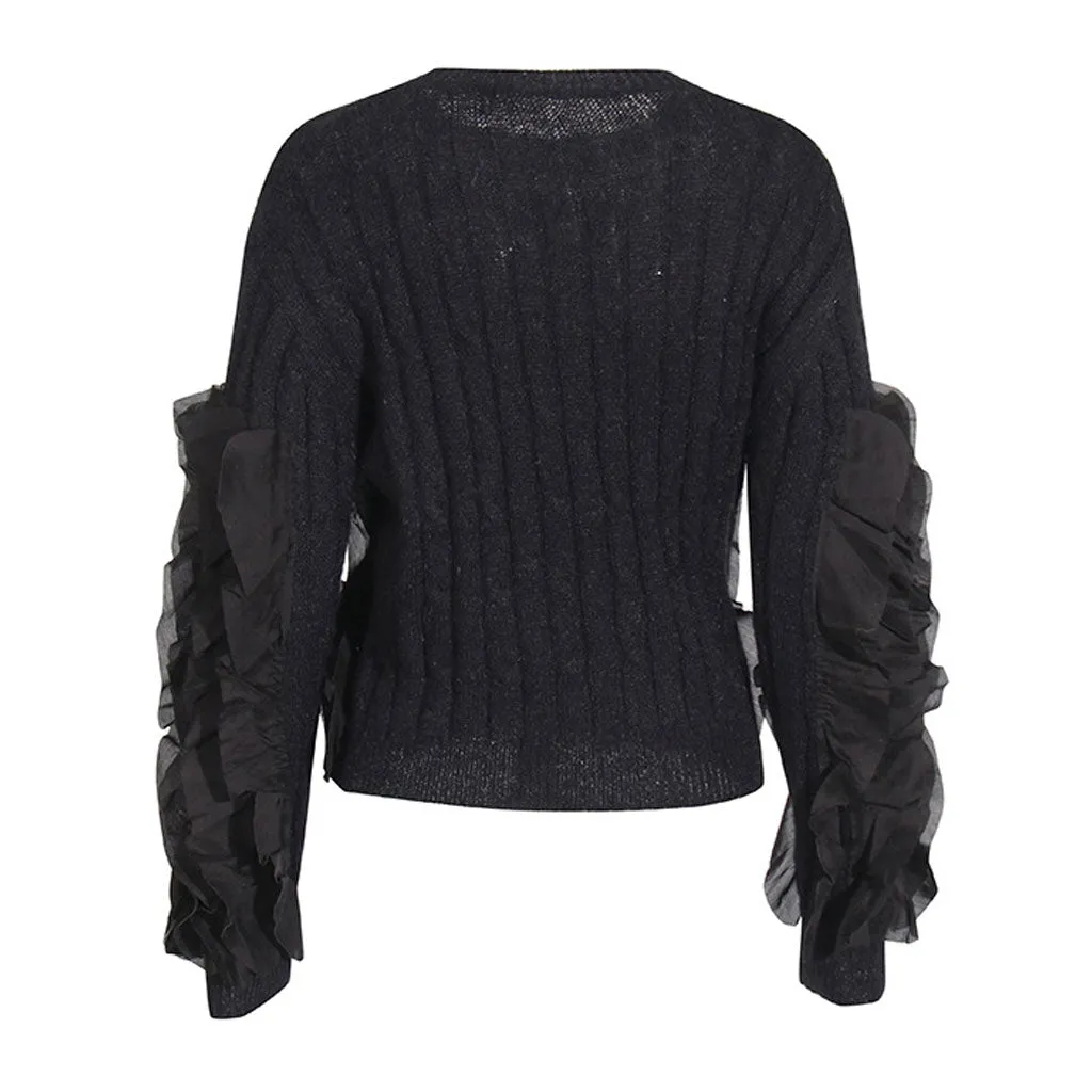 Versatile Crew Neck Layered Ruffle Long Sleeve Chunky Ribbed Knit Sweater