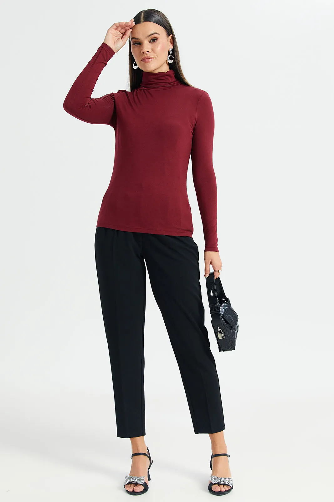 Women Burgundy Long Sleeve T-Shirt