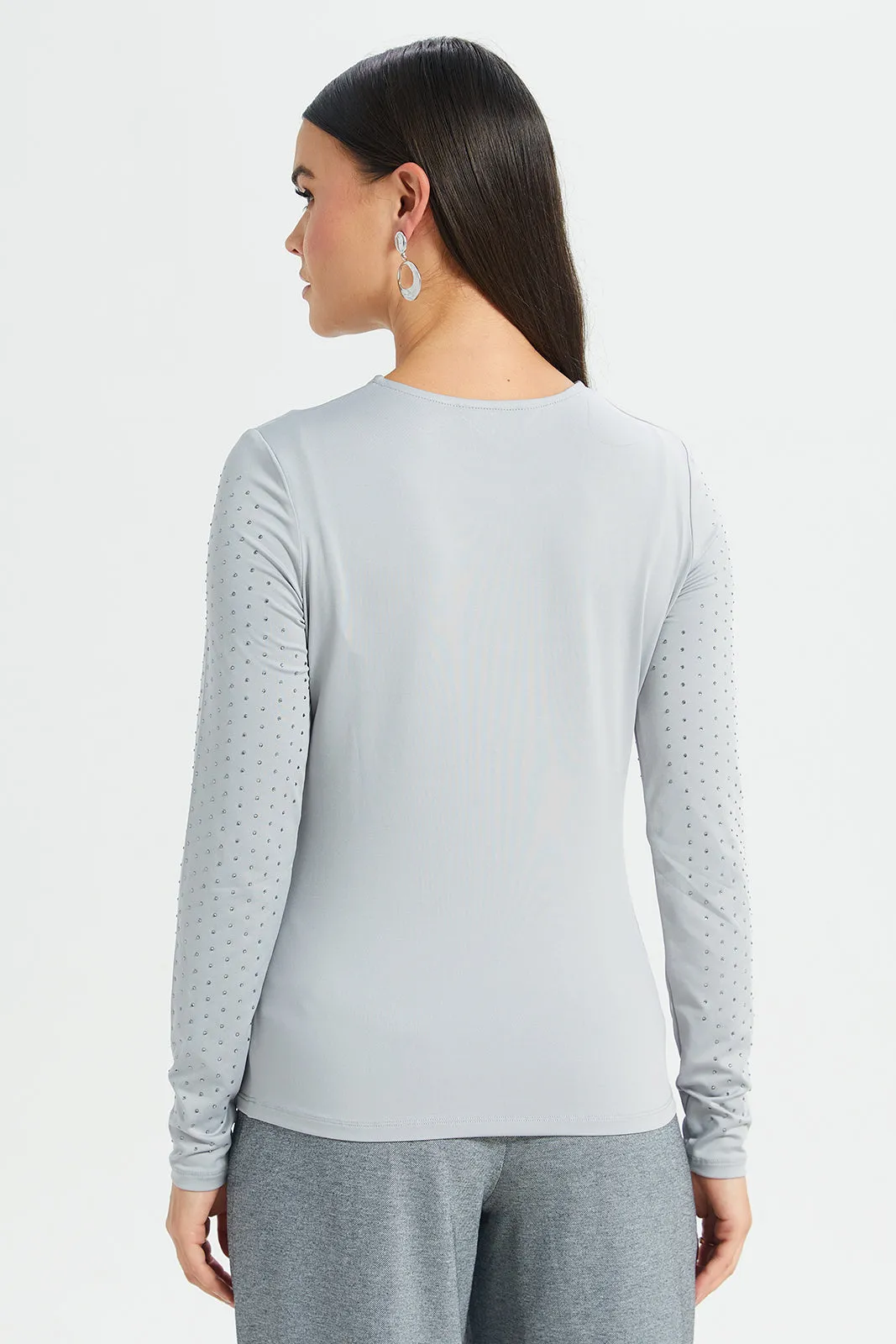 Women Grey Long Sleeve Rhinestone Top