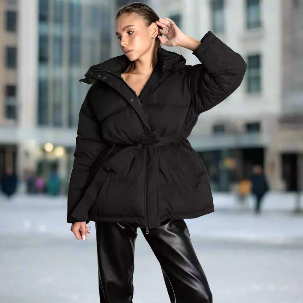 Women - Hooded Coat - Warm Fabric with Belt - Stylish Outerwear