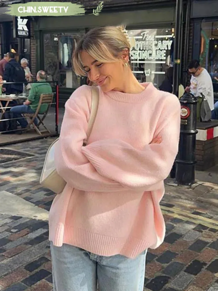 Women Solid Knitting Loose O-neck Long Sleeve Soft Elegant Basic Autumn Warm Sweater