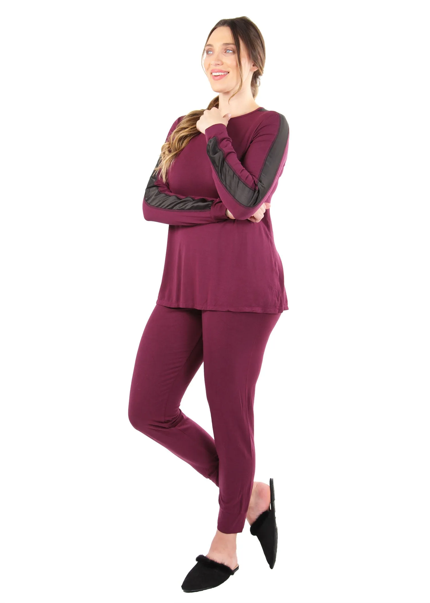 Women's Satin Trim Long Sleeve Matching Pajama Set