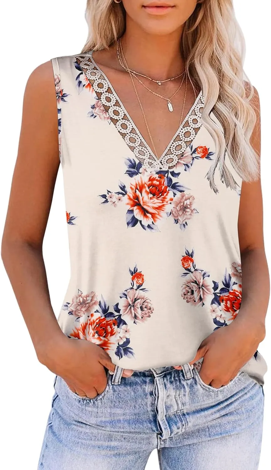 Zeagoo Women 2024 V Neck Lace Tank Tops Summer Floral Print Loose Fit Tops Sleeveless Shirts Casual Trendy Blouse