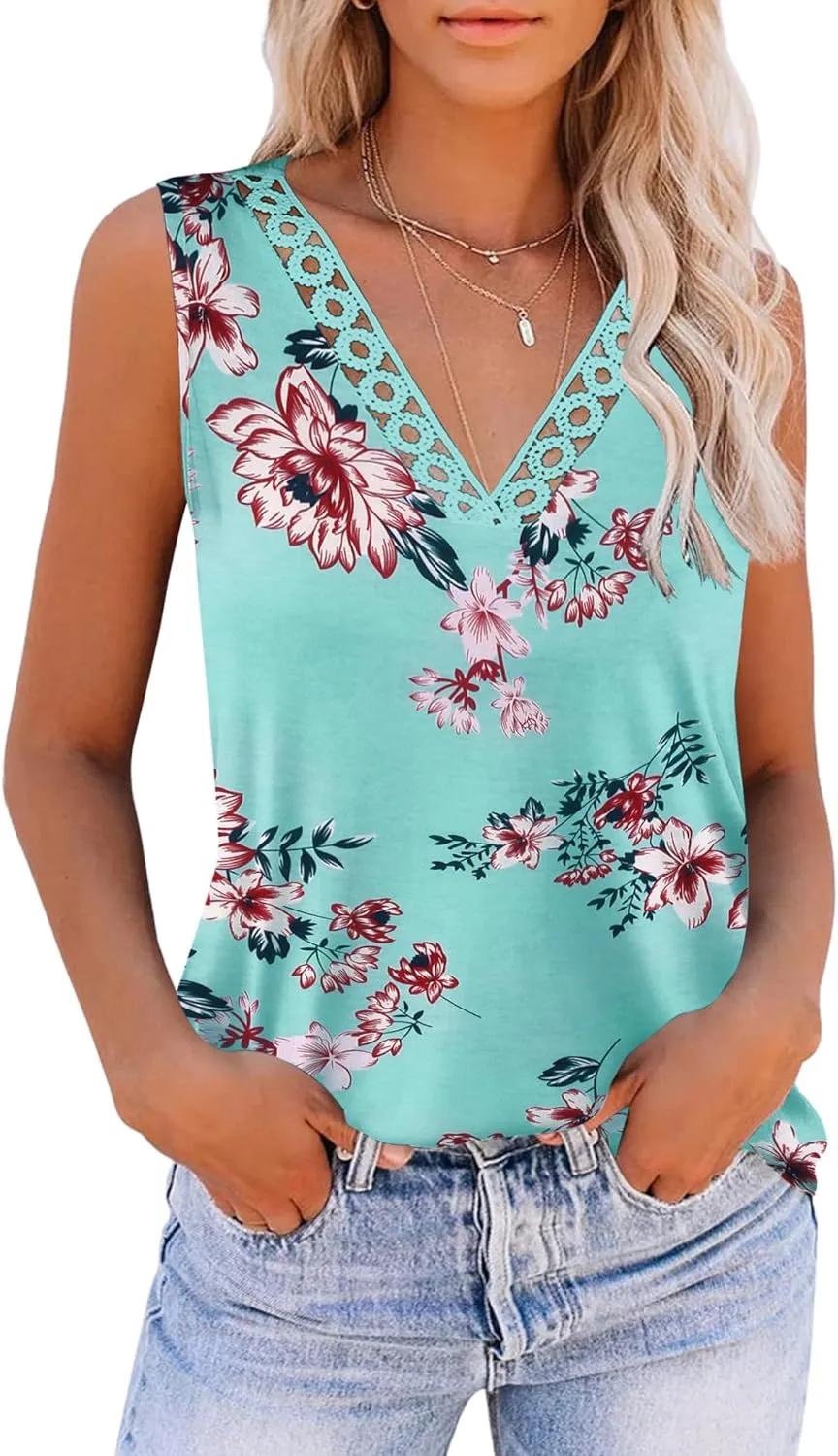 Zeagoo Women 2024 V Neck Lace Tank Tops Summer Floral Print Loose Fit Tops Sleeveless Shirts Casual Trendy Blouse