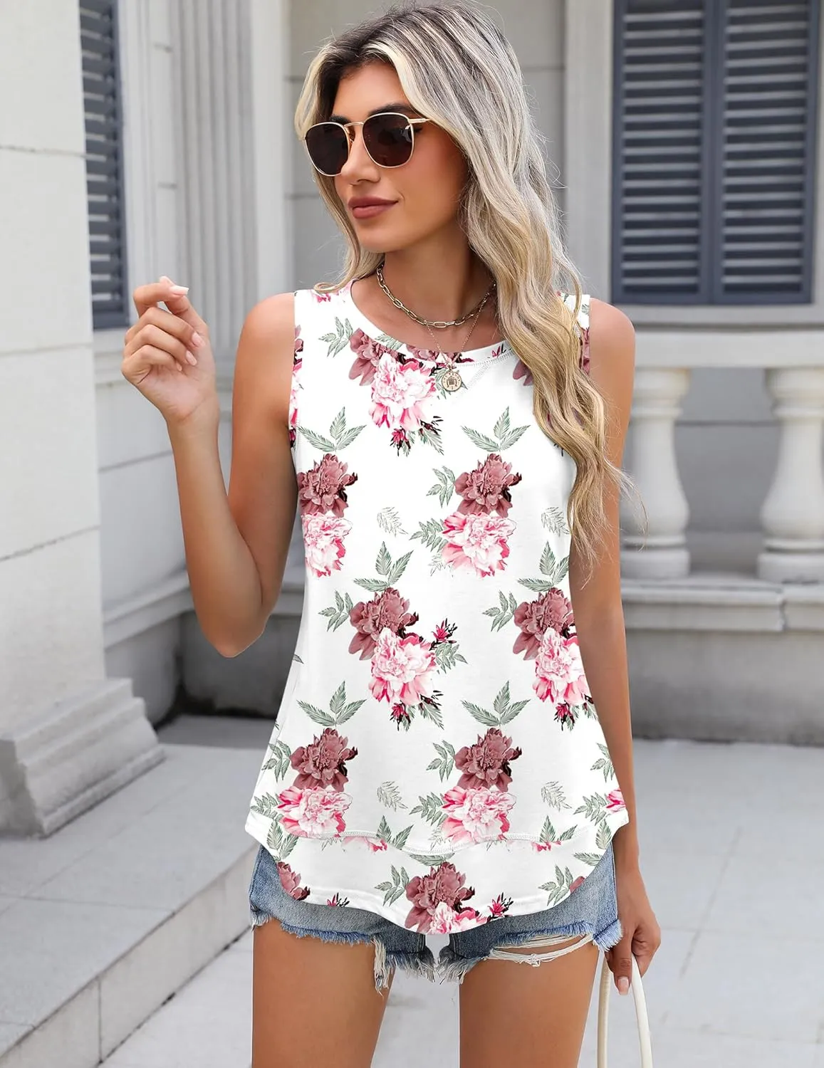 Zeagoo Women's Tank Tops Crew Neck Sleeveless Floral Tops