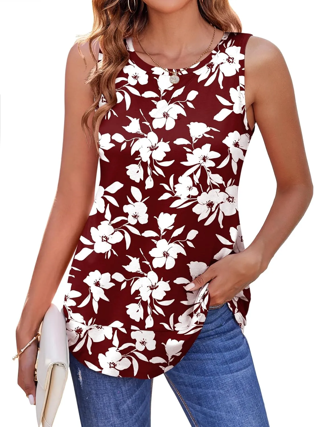 Zeagoo Women's Tank Tops Crew Neck Sleeveless Floral Tops